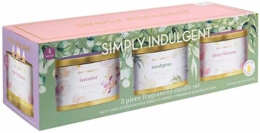 3 Piece Fragranced Candle Set Made with Essential Oils and Soy Wax -Each CandLe contains 14 oz (369g) (Tin Vessels with Lids Included) Scents: Eucalyptus, Cherry Blossom, and Lavender