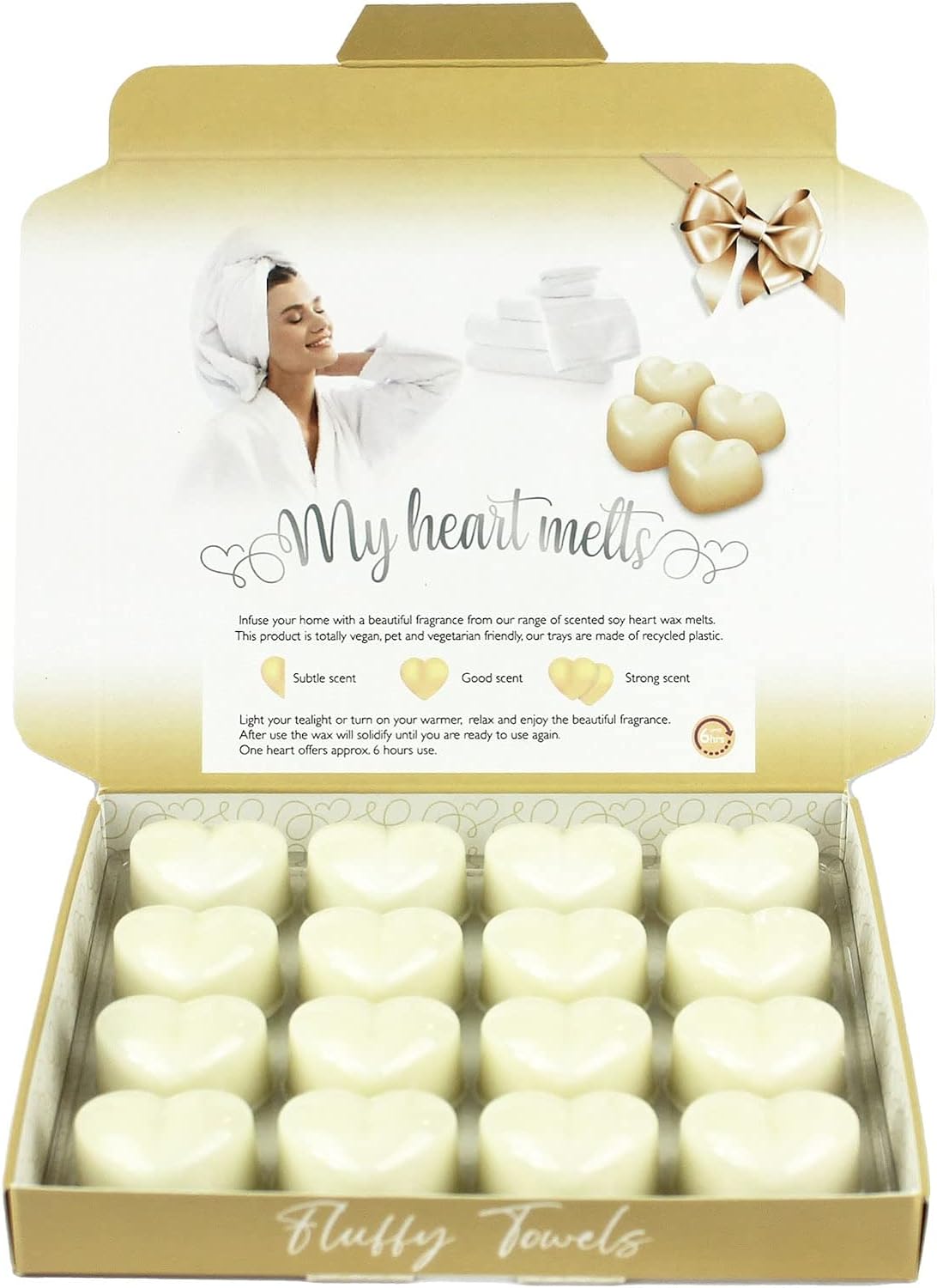 Fluffy Towels Wax Melts: 16 x 5g Heart Shaped Wax Melts Scented in a Presentation Gift Box, Vegan & Pet Friendly, Cruelty Free, Candle Alternative