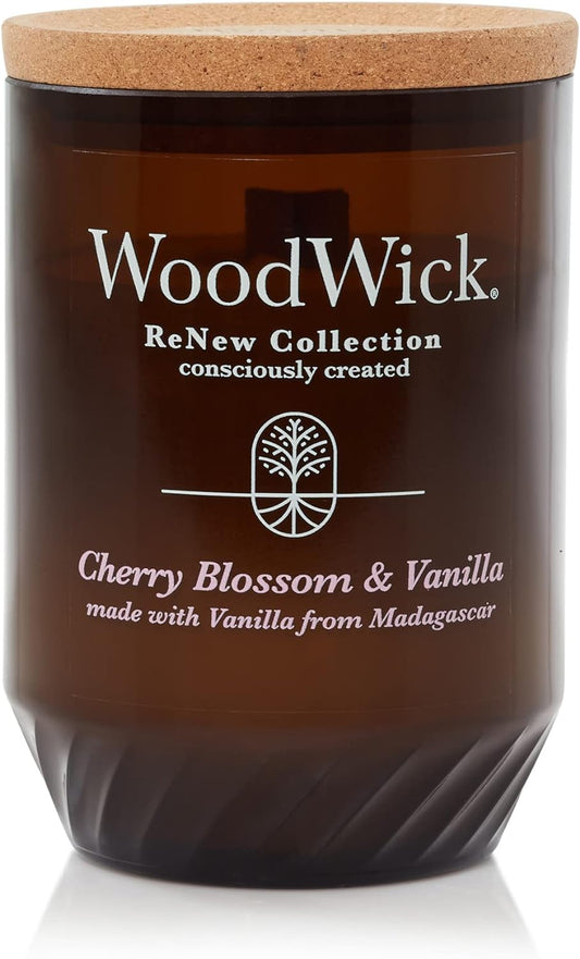 WoodWick® Renew Large Candle, Cherry Blossom & Vanilla Scented Candles, 13oz, Plant Based Soy Wax Blend, Made with Upcycled Materials and Essential Oils, Up to 75 Hours of Burn Time