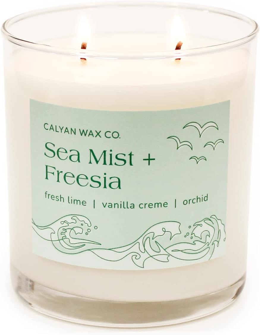 Calyan Wax Scented Candle, Sea Mist Freesia Candle for The Home Scented with Essential Oils, Soy Wax Aromatherapy Candle in Glass Jar with 37 Hour Burn Time, Non Toxic Scented Candles Gifts