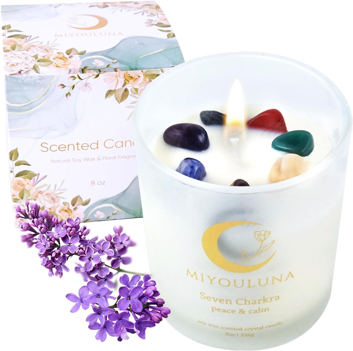 8oz Lavender Scented Crystal Candle, Soy Wax Aromatherapy Candles for Home,with Crystal and Healing Stones for Meditation, Spiritual Gifts for Men Women