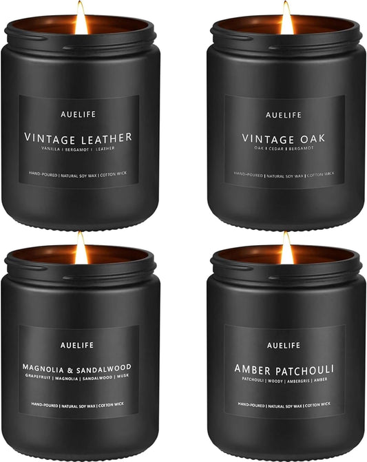 Auelife Candles for Men Scented Candles, Scented Candles Set Soy Candles for Home Him, 4 Pack Mens Candles Gifts for Men Scents of Leather/Oak/Magnolia & Sandalwood/Amber Patchouli