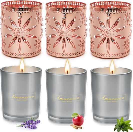 6 Pack Valentines Day Gifts for Women, 3 Pack Scented Candles Clearance with 3 Candle Holders, Candles for Home Scented, 120 Hour Long Lasting Soy Candles, Aromatherapy Candles Set - Rose Gold, Grey