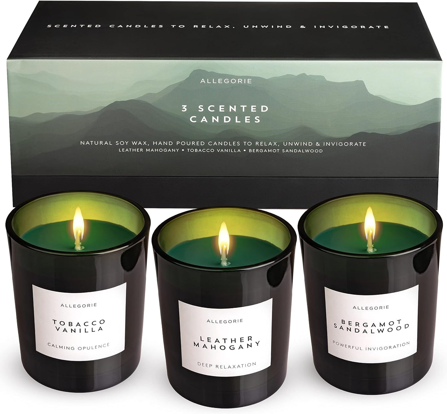 Set of Three Scented Candles for Men | Masculine scents of Bergamot & Sandalwood. Leather & Mahogany, Tobacco & Vanilla | 3 x Natural Soy Wax Candle for Men (5.6oz)