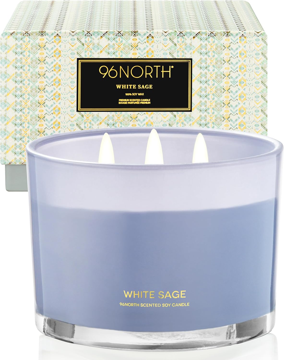 96NORTH Luxury White Sage Candle | Large 3 Wick Jar Candle | Up to 40 Hours Burning Time | 100% Natural Soy Wax | Relaxing Aromatherapy Aesthetic Candles | Housewarming Gift for Men and Women