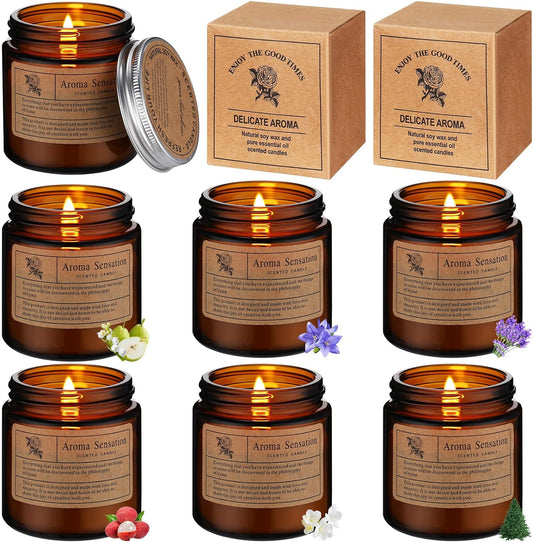 6 Pcs Scented Candle Soy Wax Candles Aromatherapy Candles for Women Home Long Lasting Soy Candle Gift Set in Glass Jar for Men Birthday Coworker Employee Anniversary (Amber,6 Scents)