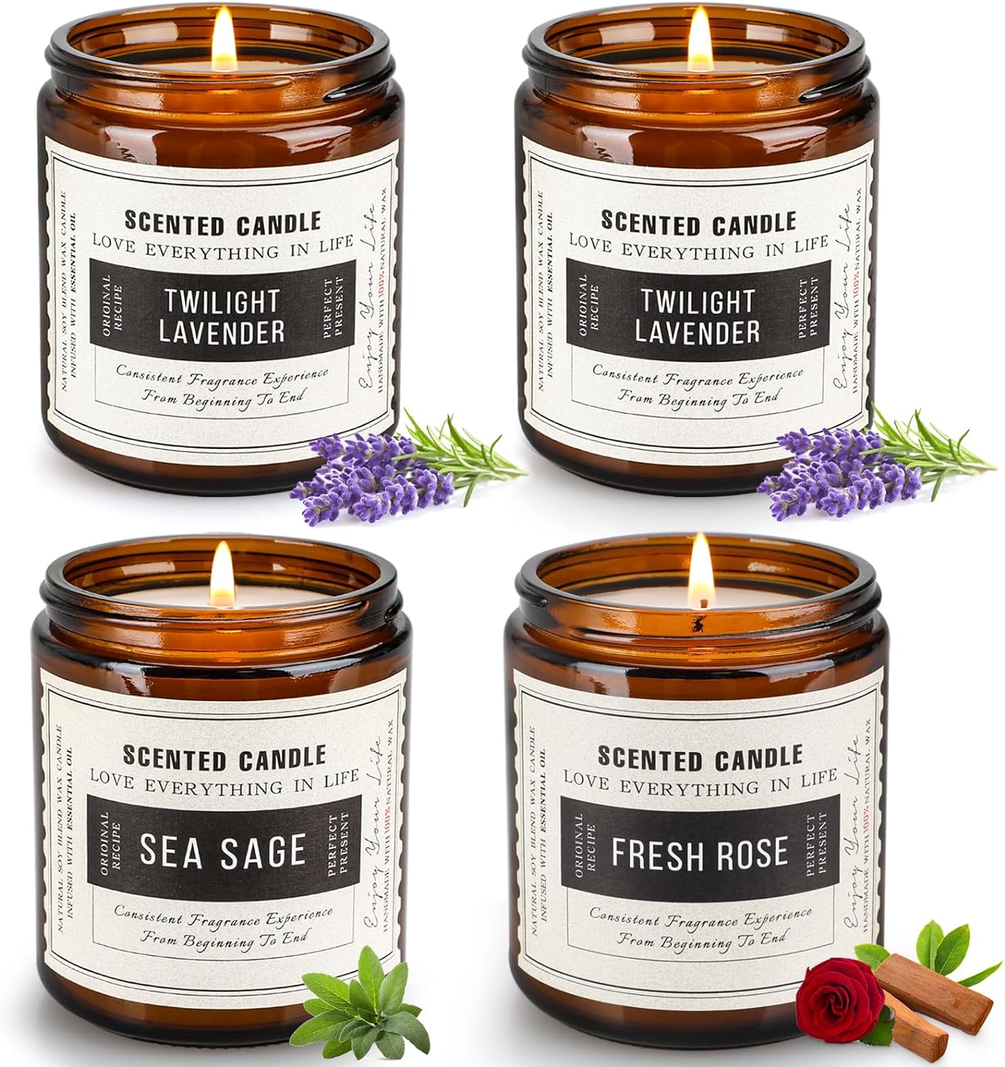 Scented Candles Set, Aromatherapy Candles for Home Scented, Made with Soy Wax and Essential Oils, Over 50 Hour Burn Time, Black Amber Jar Candles Gifts for Women and Men, 7.1 oz - Pack of 4