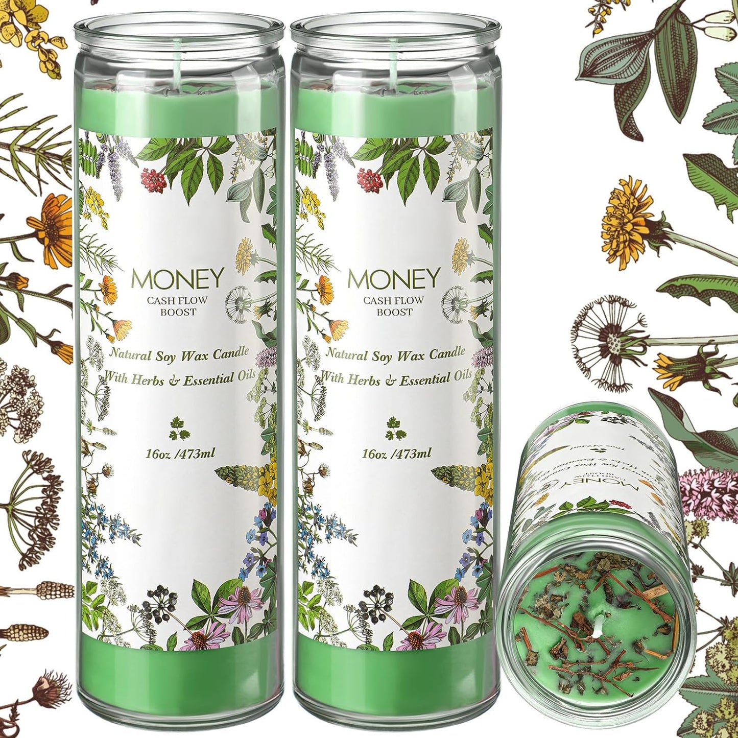 2 Pcs Money Scented Spell Candles Soy Herbal Money Candle with Herbs and Essential Oils Green Cash Candle for Wealth Abundance Prosperity Ritual Getting a Cash Flow Boost