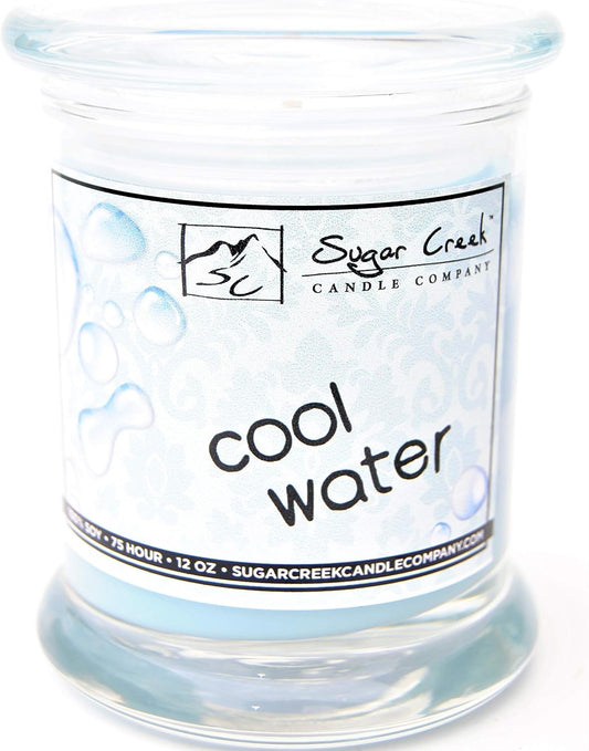 | Cool Water (Men's Cologne) - 12 oz Glass Top Jar, (75-Hours Burn Time) | 100% Organic Soy Wax, Non-Toxic, Made in USA