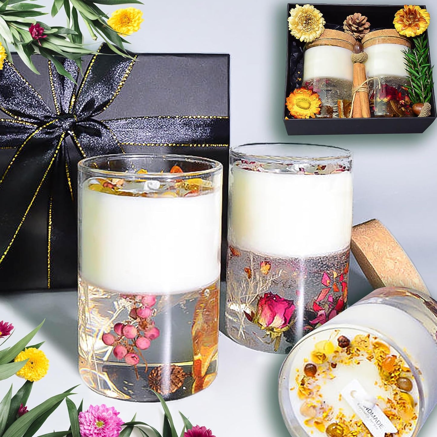 Crystal Candle Gift Set, Organic Natural Flowers in Yelly, Aromatherapy, Botanical Scented Fragrance, Meditation, Manifestation, Intention, Gel Candle, Christmas, Mother’s Day, Gift for Woman