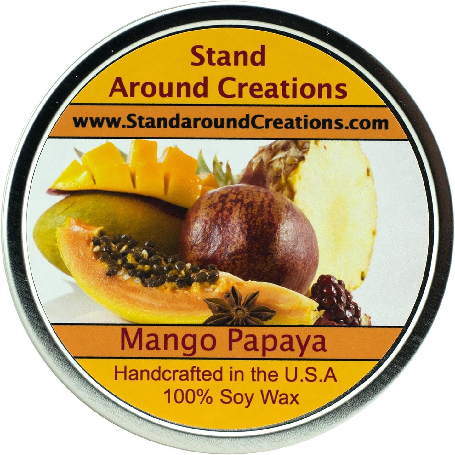 Premium 100% All Natural Soy Wax Aromatherapy Candle - 16oz Tin -Mango and Papaya: an Uplifting Blend of Sun-Kissed Mango and Papaya. A Very Popular Fragrance Oil You're Sure to Love.