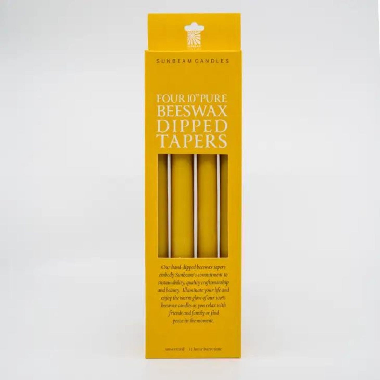 Beeswax Taper Candles Box of 4. Created using 100% pure beeswax, eco-friendly dyes, and a cotton wick. Burntime 12 hours each.