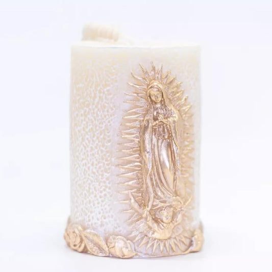 Virgen De Guadalupe Scented Candle - Rose Fragrance - Religious Candles with White & Golden Design - Perfect Prayer Candle for Baptism, Wedding, Gifting & More - Traditional Christian Candles