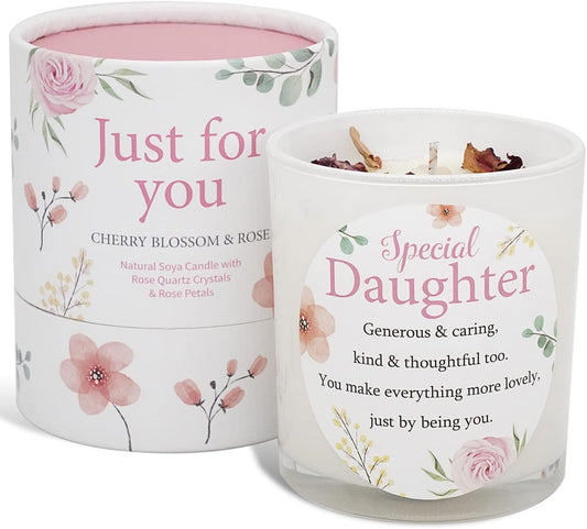 Daughter Candle That Makes a Thoughtful Gifts for Daughter and Daughter Gifts - Ideal Christmas and Special Daughter Birthday Gifts SOYA Candle with Rose Quartz and Rose Petals