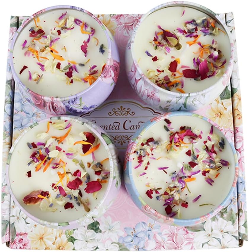 Scented Candles Gift Set, Pure Natural Soybean for Aromatherapy Wax,Travel Tin Candles for Home Meditation, Mother's Day Gift, Birthday Gift, 4 Packs, 4.4oz (Jasmine/Rose/Peony/Camellia)
