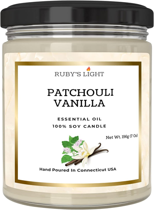 Patchouli Vanilla Aromatherapy Candle | Essential Oil Soy Candle - 9 Oz Jar | Cotton Wick | High Scent | 40 Hours Burn Time