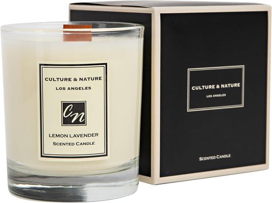 CULTURE & NATURE Lemon Lavender Scented Soy Candle (8oz), 100% Natural Soy Wax, Clean Long Burning Wooden Wick, Luxury Home Fragrance