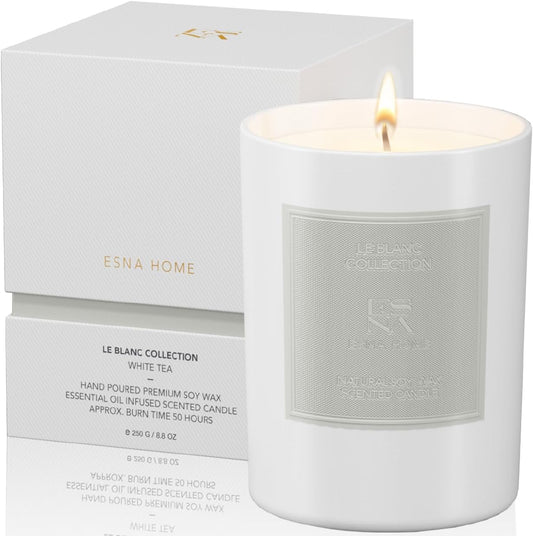 ESNA HOME Leblanc White Tea Premium Aromatherapy Scented Candles | Gifts for Her | All Natural Essential Oils Soy Candles | 8.8oz 50 Hours Long Burning | White Votive Candle with Matching Gift Box