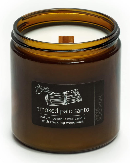 Hemlock Park Crackling Wood Wick Candle Handcrafted with Natural Coconut Wax and Essential Oils (Smoked Palo Santo, Large 16 oz)