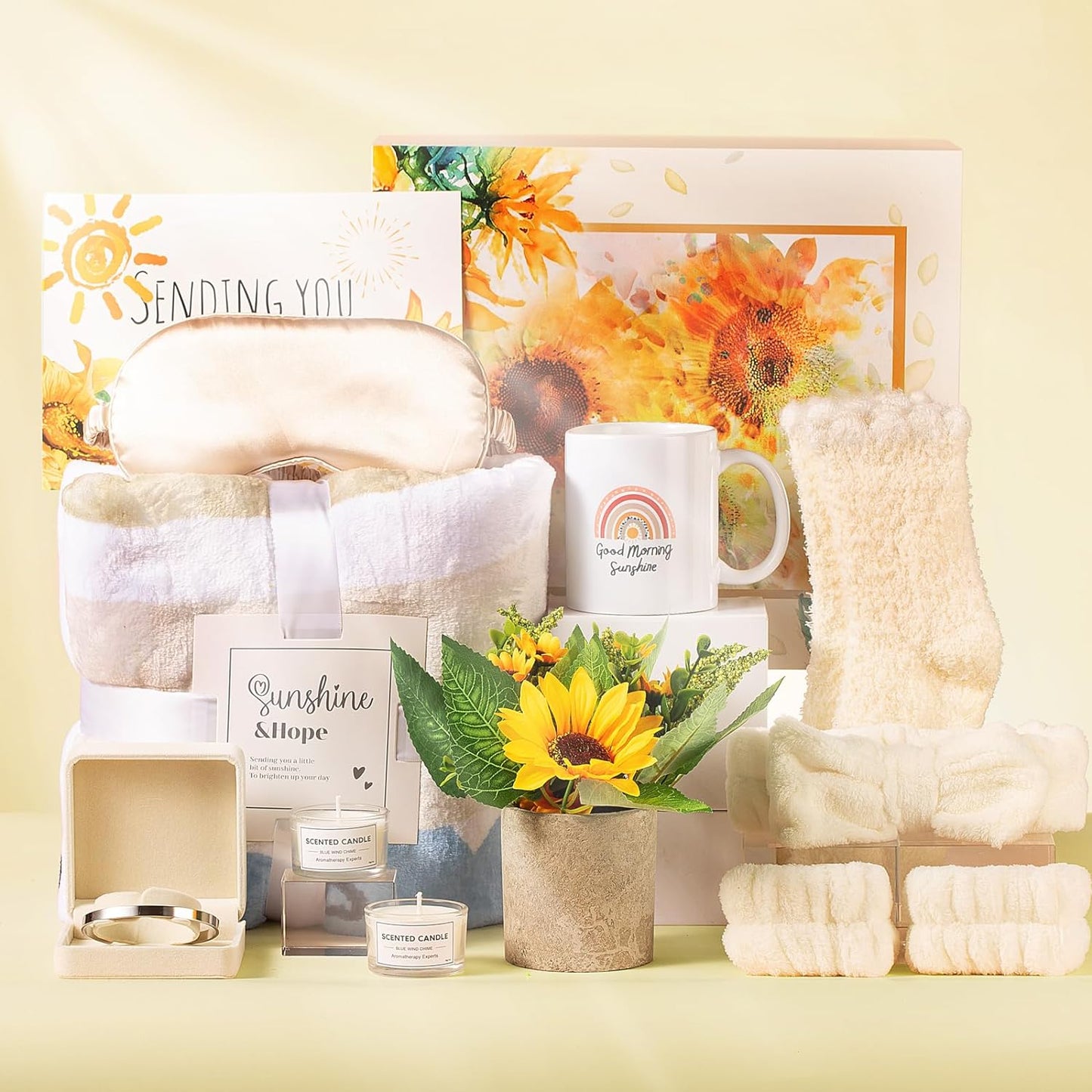 Sending Sunshine Gift, Get Well Soon Gifts Basket for Women, 9 Pcs Sunflower Gifts Care Pacakge Gifts Box Thinking of You Gift for Women with Inspirational Blanket Candle for Mom, Sister, Her