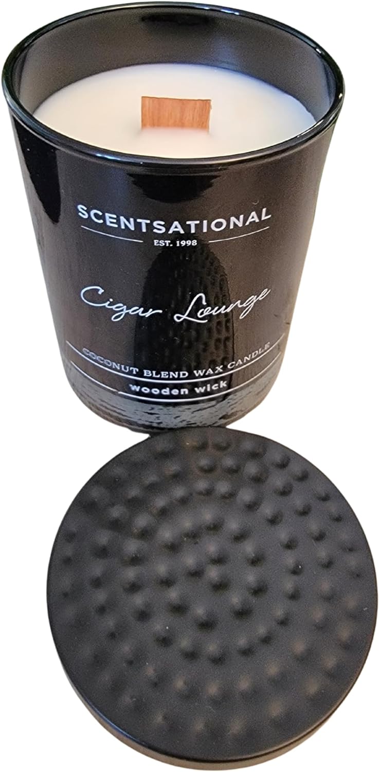 Coconut Blend Wax Candle, Scented Cigar Lounge Candle, Black Jar, Wooden Wick, Tin Lid