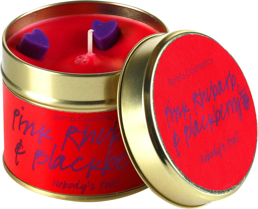 Bomb Cosmetics Pink Rhubarb & Blackberry Scented Tin Candle, Contains Pure Cinnamon & Rosemary Essential Oils, 7.9 Ounces, 30-35 Hour Burn
