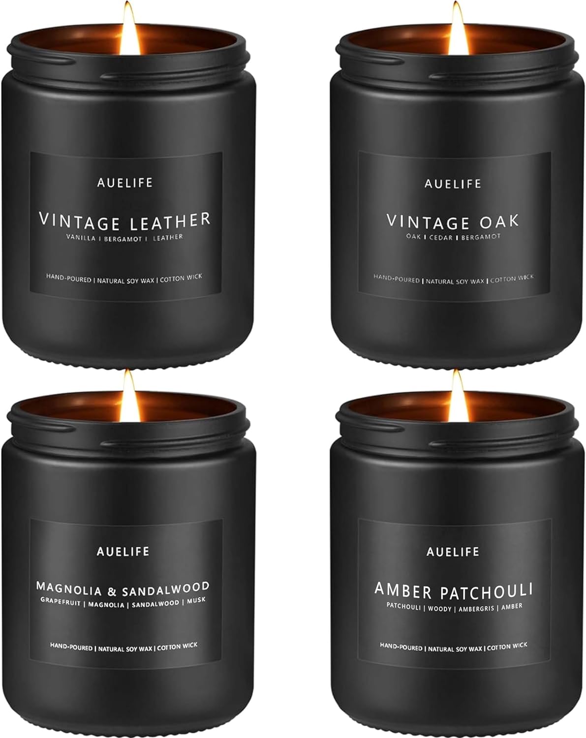 Auelife Candles for Men Scented Candles, Scented Candles Set Soy Candles for Home Him, 4 Pack Mens Candles Gifts for Men Scents of Leather/Oak/Magnolia & Sandalwood/Amber Patchouli