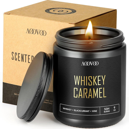 AOOVOO Scented Candles Gift for Men - Strong Fragranced Premium Whiskey Caramel Aromatherapy Candle - 9 Oz 100% Soy Wax Ultra Clean Burn- Scented Candles for Men & Women Home Decor in Black Jar
