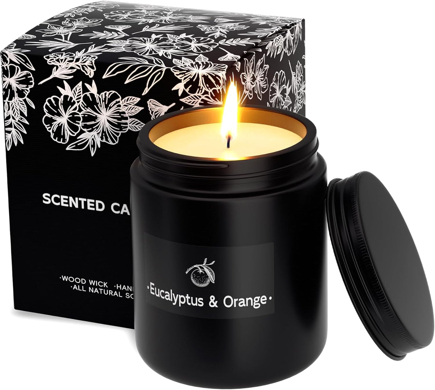 Scented Candle for Home Scented, Strong Fragranced Aromatherapy Candles - 7.6 Oz, 100% Soy Wax - Winter Candles Valentine’s Day Gift for Men & Women in Black Jar, Eucalyptus&Orange