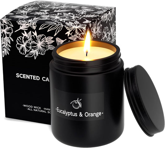 Scented Candle for Home Scented, Strong Fragranced Aromatherapy Candles - 7.6 Oz, 100% Soy Wax - Winter Candles Valentine’s Day Gift for Men & Women in Black Jar, Eucalyptus&Orange