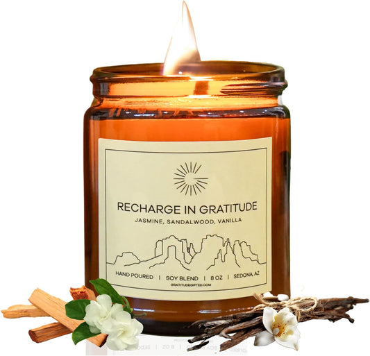 Candles: Premium Soy Blend Gratitude Candle With Natural Fragrances, the Perfect Thank You Gifts for Women & Men, Made in the USA, 8OZ, 50-60 Hours Burn Time Jasmine Sandalwood Vanila