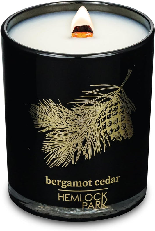 Hemlock Park Black & Gold Crackling Wood Wick Candle Handcrafted with Natural Plant-Based Coconut Wax (Bergamot Cedar, Standard 7.2 oz)