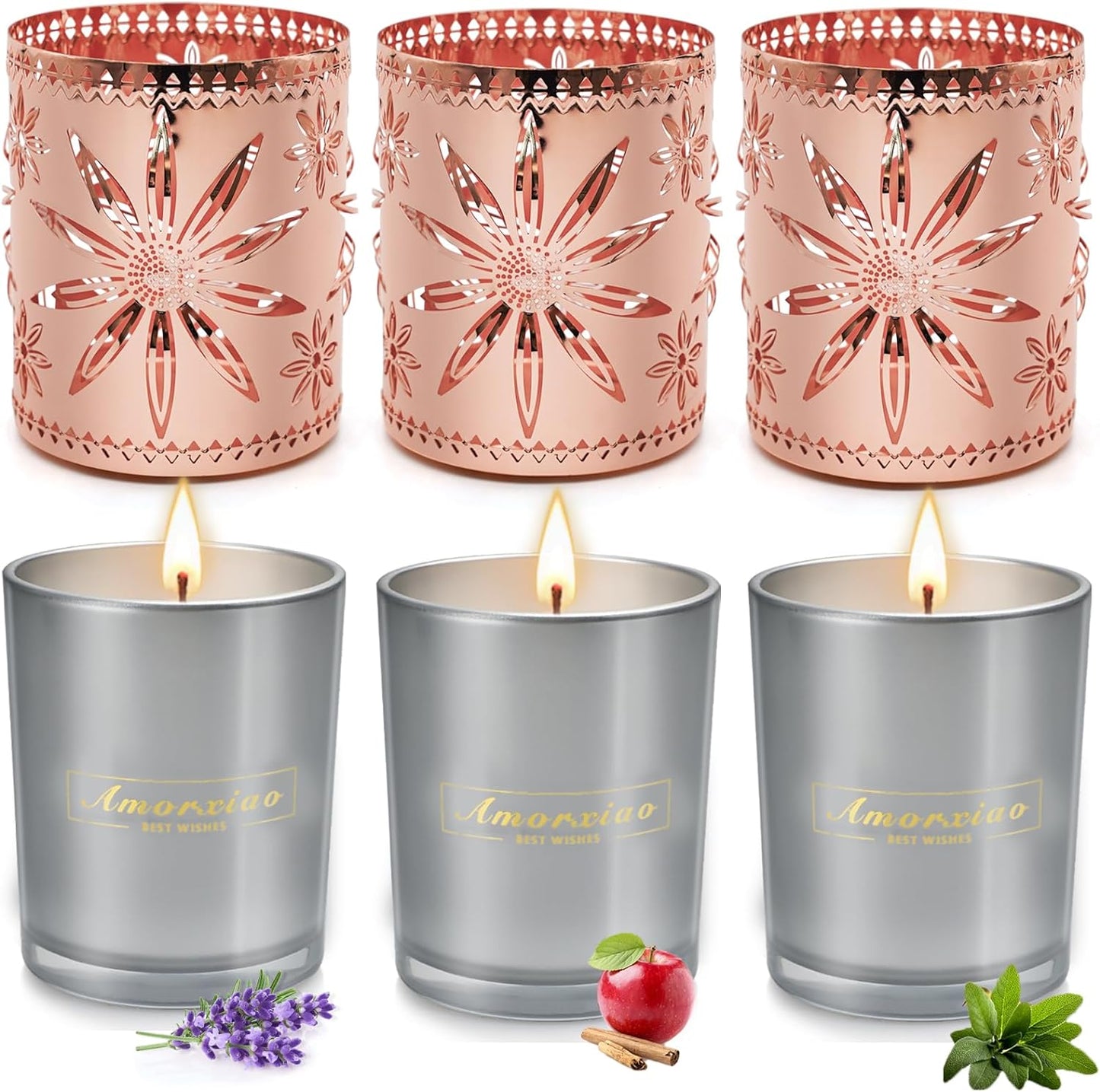 6 Pack Valentines Day Gifts for Women, 3 Pack Scented Candles Clearance with 3 Candle Holders, Candles for Home Scented, 120 Hour Long Lasting Soy Candles, Aromatherapy Candles Set - Rose Gold, Grey