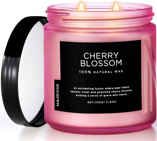 M&SENSE Cherry Blossom Scented Spring Candle, 70 Hours Long Lasting Soy Candles 11.6oz, Stress Relief Aromatherapy Candles, Romantic Candle Gifts for Women, Glass Jar Candle Bedroom Decor