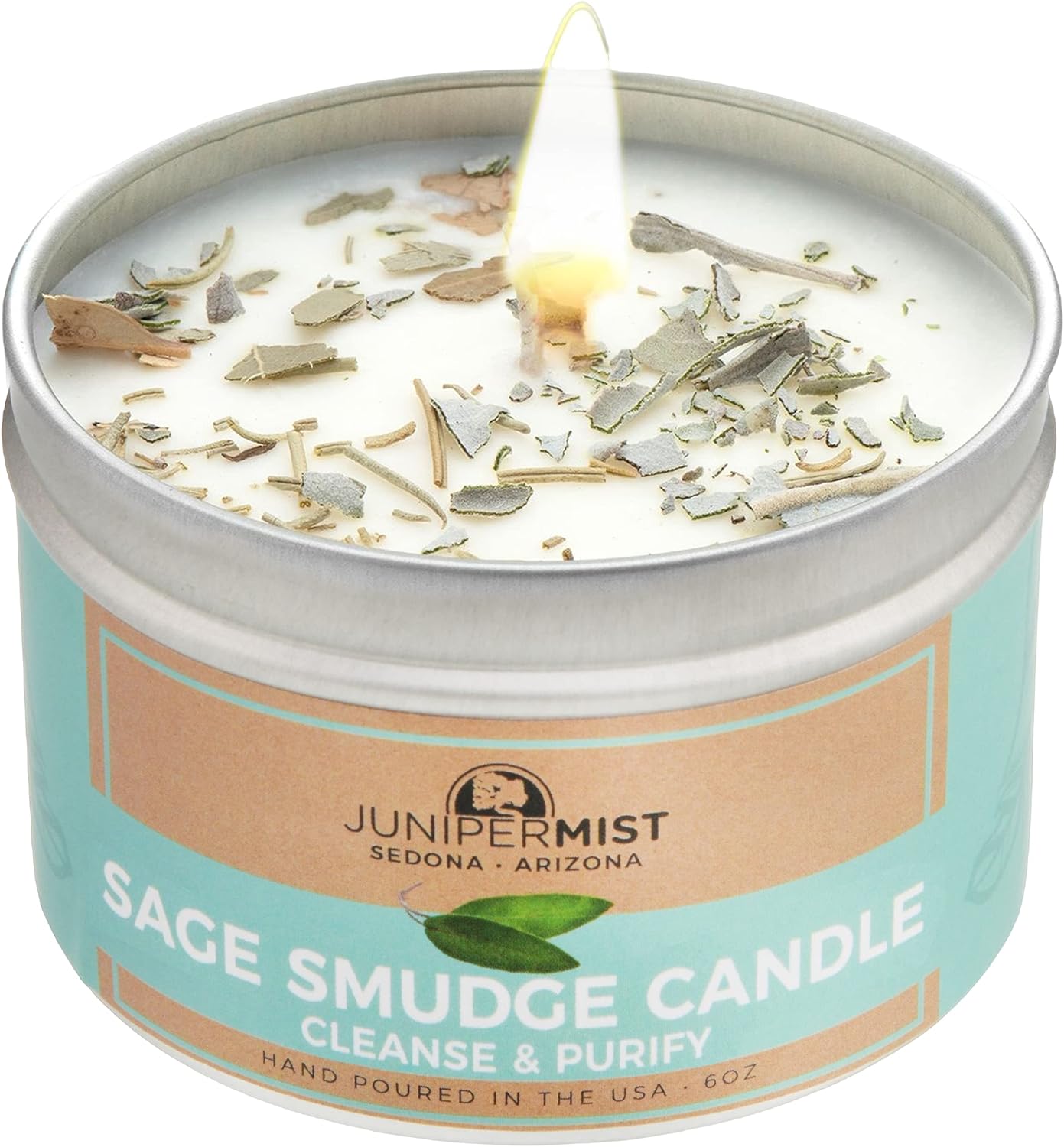 Sage Smudge Candle for Cleansing Negative Energy with White Sage Leaf - Home & Office Healing Candle - 100% Natural Soy Wax Aromatherapy Candle - Spiritual Candle for Meditation