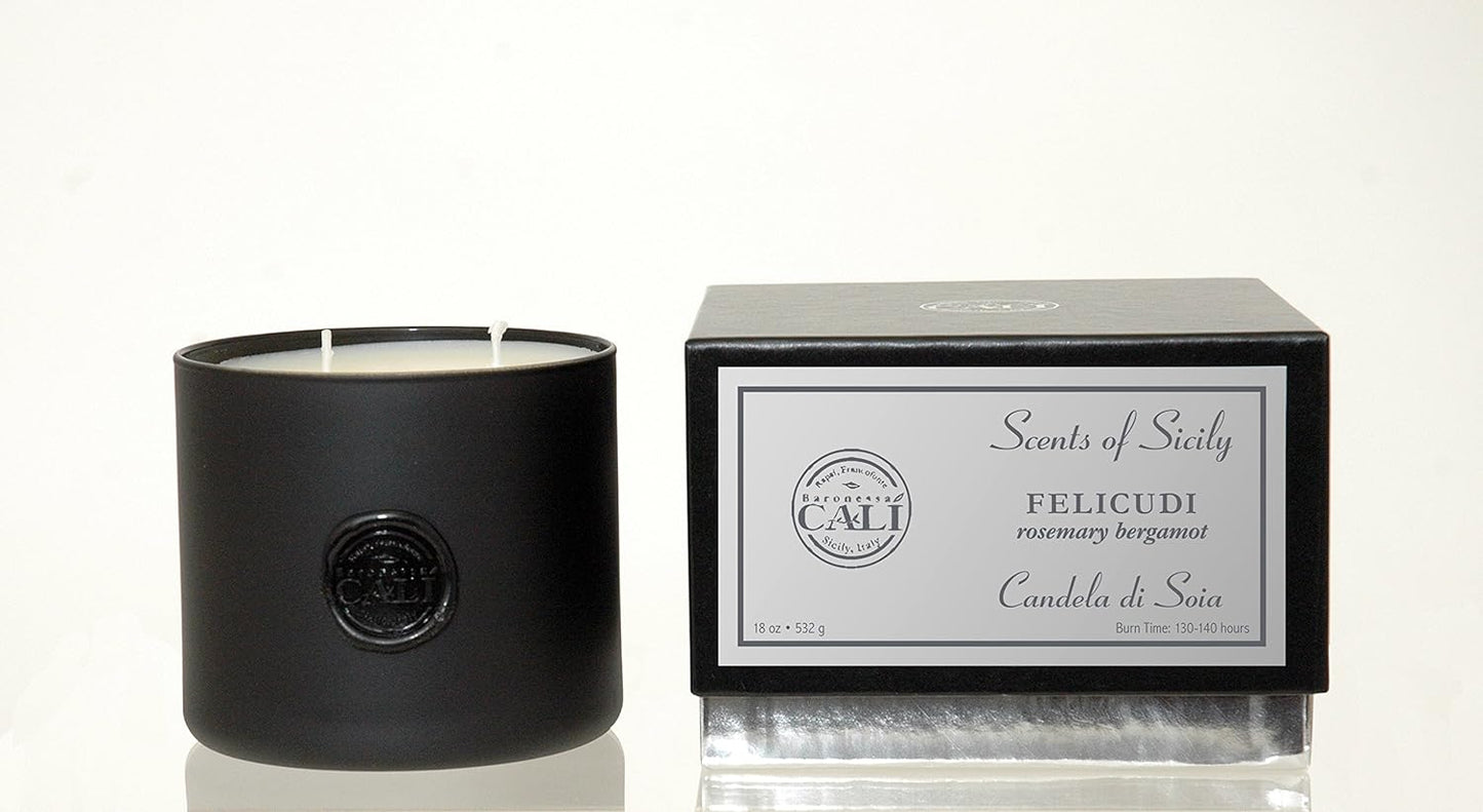 Baronessa Cali's Scents of Sicily Filicudi – Rosemary Bergamot 18 oz Black Glass Candle