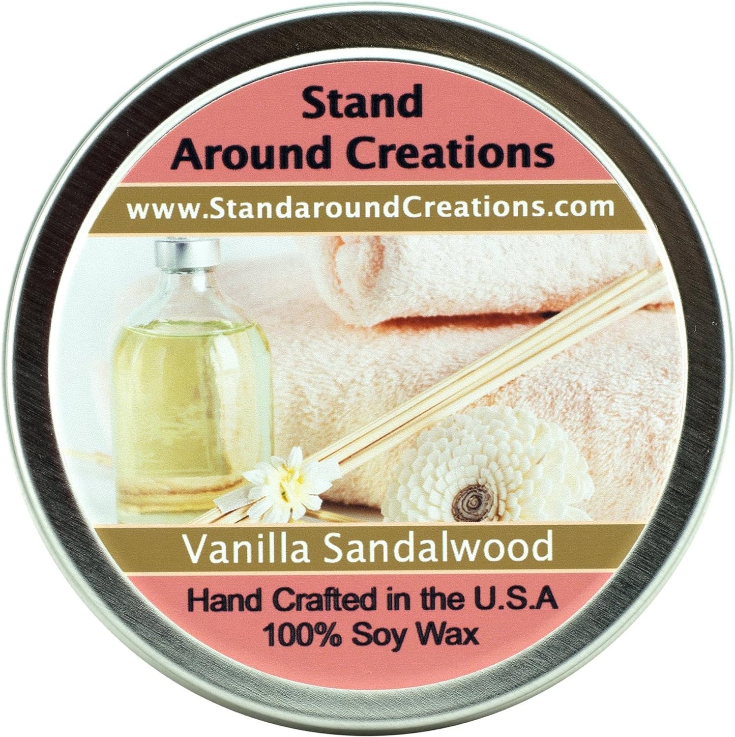 Premium 100% All Natural Soy Wax Aromatherapy Candle -8oz Tin -Vanilla Sandalwood: A Beautiful Combination of Luscious Rich Vanilla, and Indian Sandalwood.