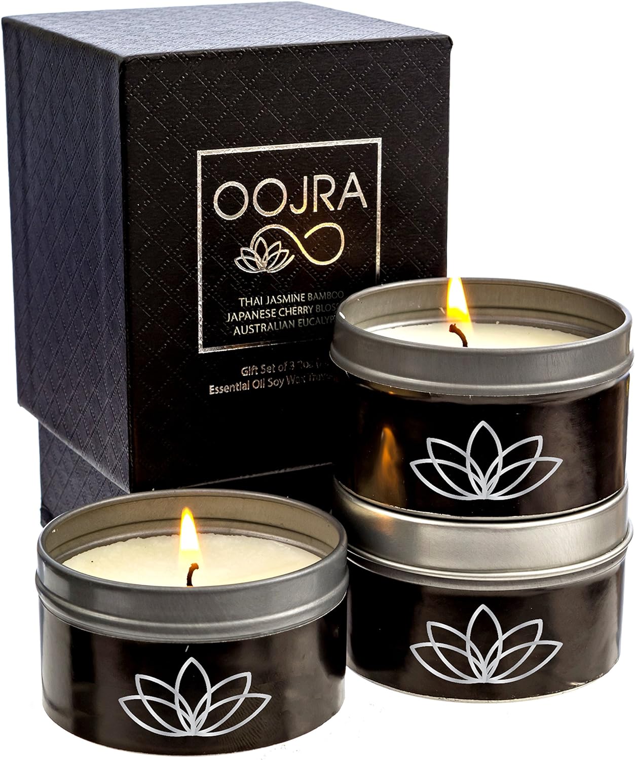 Essential Oil Scented Soy Wax Luxury Travel Candle Gift Set of 3 with Gift Box - Thai Jasmine Bamboo, Australian Eucalyptus, Japanese Cherry Blossom