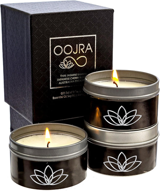 Essential Oil Scented Soy Wax Luxury Travel Candle Gift Set of 3 with Gift Box - Thai Jasmine Bamboo, Australian Eucalyptus, Japanese Cherry Blossom