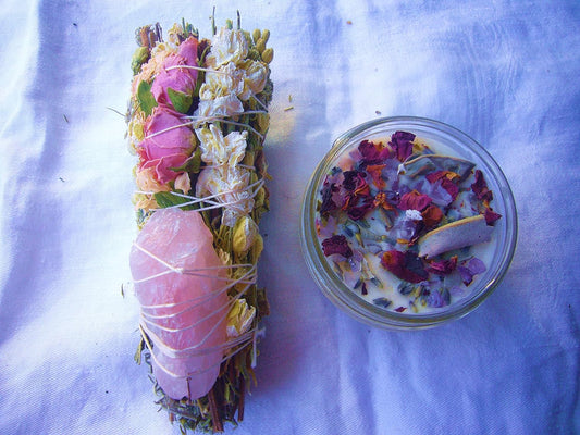 Spring Meadow Smudge Box | Luxury Floral Sage Wand Charged w/Rose Quartz & a 4 oz Smudging Candle Infused w/Botanicals & Crystals | Made in USA | Home Cleansing, Blessing, Manifesting, Rituals