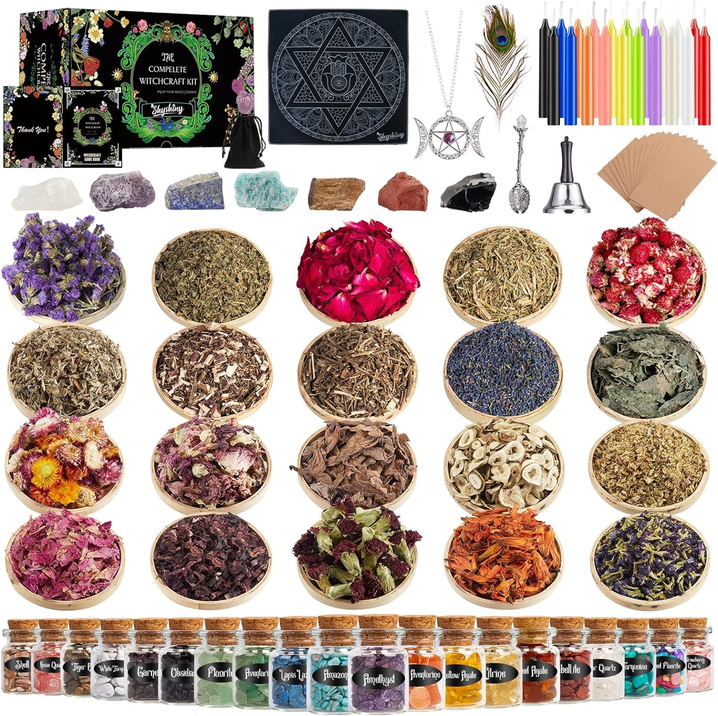 Witchcraft Supplies Kit for Wiccan Spells, 95 Pack of 7 Chakra Stones, Crystals, Dried Herbs, Spell Candles, Amulets, Complete Witchcraft Kit Tools Gifts for Beginners Proficient Witches